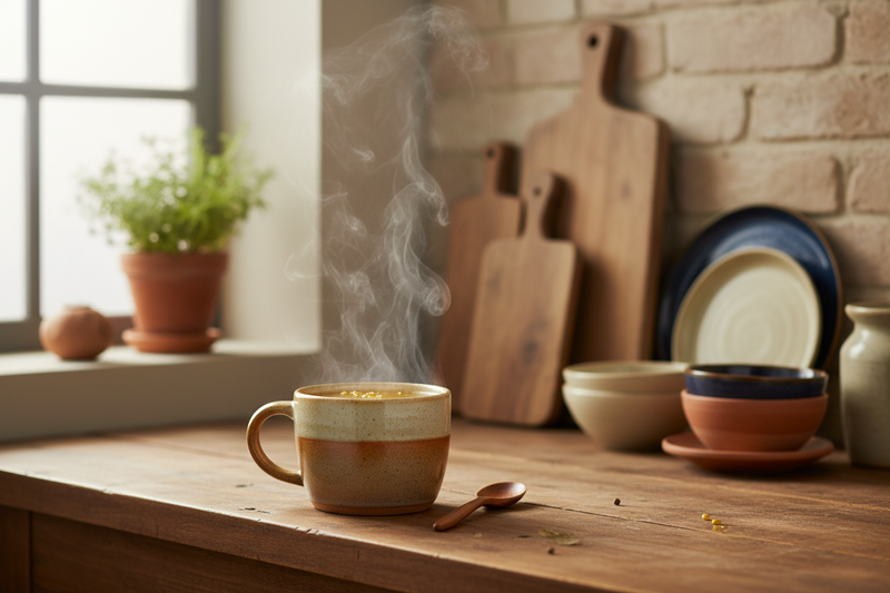 a cozy kitchen, and a hot mug filled with bone broth 
