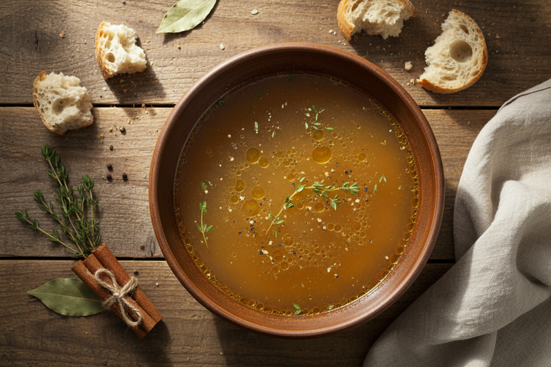 a wodden table and a bowl filled with bone broth, picture taken from top angle