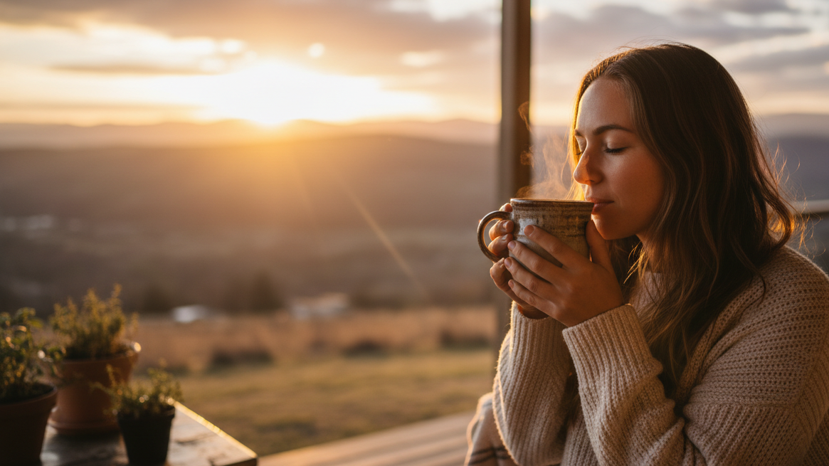 a women drinking bone broth, looking at sunrise