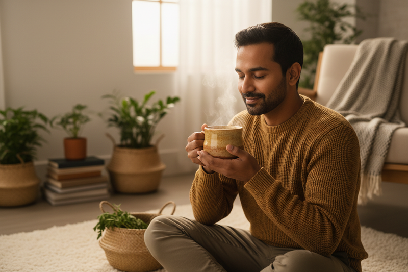 Indian man or woman drinking warm broth