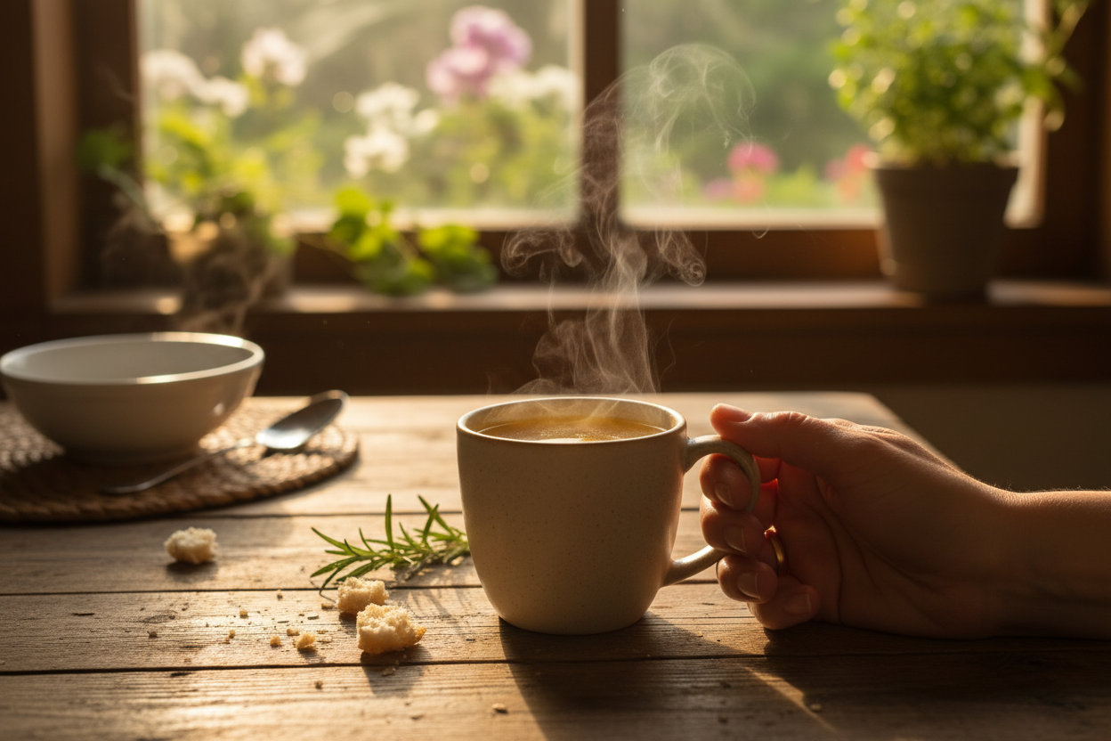 Warm kitchen / morning light

Broth in ceramic mug

Steam visible

Human presence (hand holding cup)